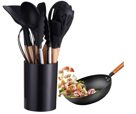 Virtuvės įrankiai ir laikymo indelis, 12 dalių, juodi